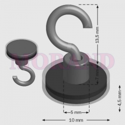 Magnes w obudowie metalowej z haczykiem srebrny fi10